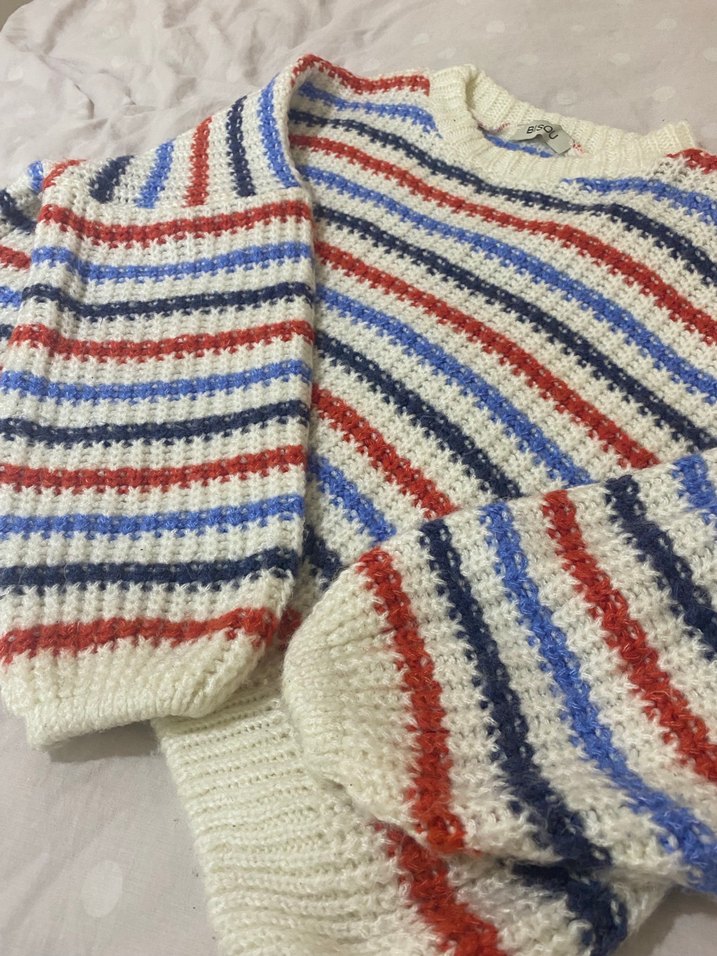 Çizgili Bohem Kadın Triko Kazak - Görsel 3