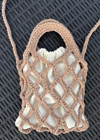 Bej Örgü Dantel Detaylı Bohem Kadın Çanta - Görsel 3