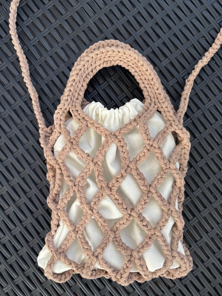 Bej Örgü Dantel Detaylı Bohem Kadın Çanta - Görsel 3