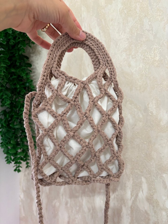 Bej Örgü Dantel Detaylı Bohem Kadın Çanta - Görsel 2