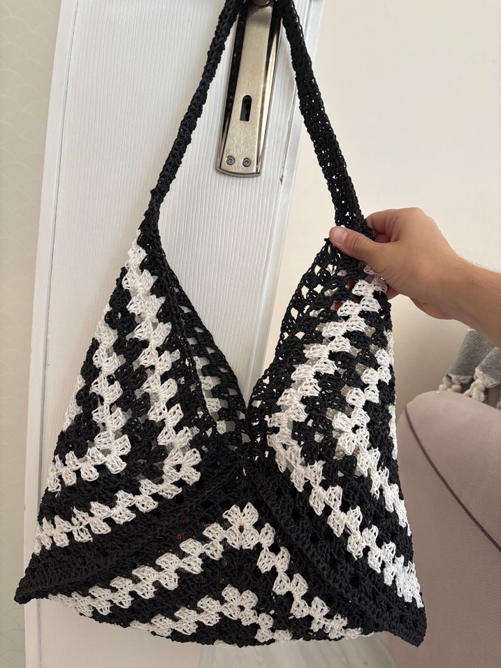 Bohem Siyah Beyaz Örgü Kadın Çanta - Görsel 3