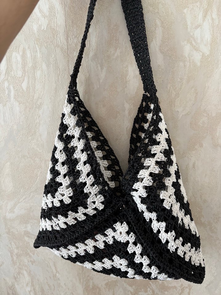Bohem Siyah Beyaz Örgü Kadın Çanta - Görsel 2