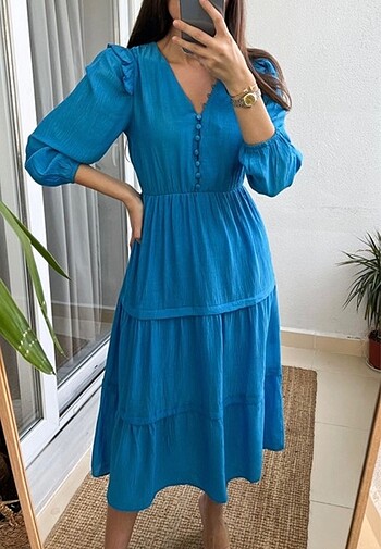 Zara Mavi Kırınkıl Büzgülü Elbise