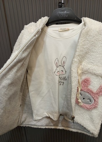 Kız Çocuk Beyaz Kapüşonlu Peluş 3lu takım - Görsel 3