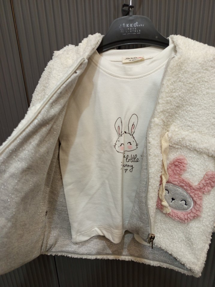 Kız Çocuk Beyaz Kapüşonlu Peluş 3lu takım - Görsel 3