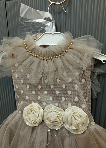 Kız Çocuk Bej Fırfırlı Nakışlı Elbise - Görsel 2