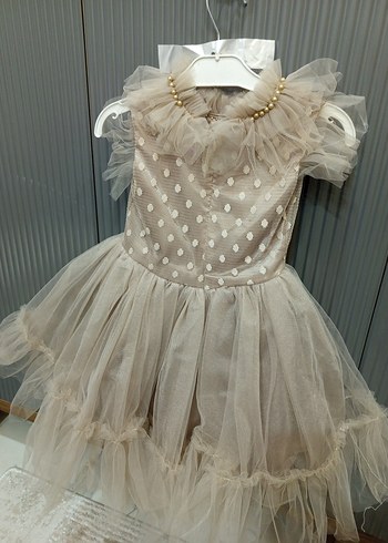 Kız Çocuk Bej Fırfırlı Nakışlı Elbise - Görsel 4