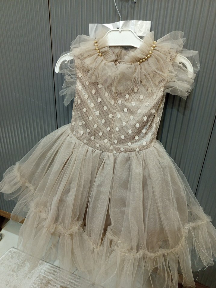 Kız Çocuk Bej Fırfırlı Nakışlı Elbise - Görsel 4