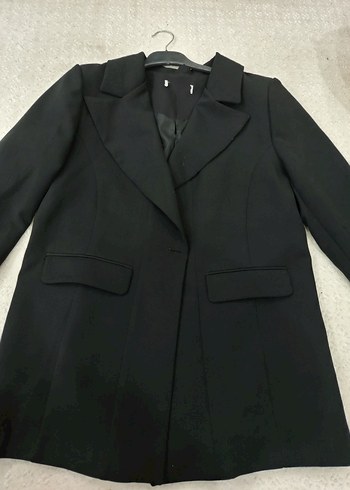 Düğmeli Siyah Kadın Uzun Ofis Kabanı - Görsel 3