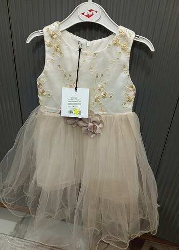 Kız Çocuk Nakışlı Bej Fırfırlı Elbise - Görsel 2