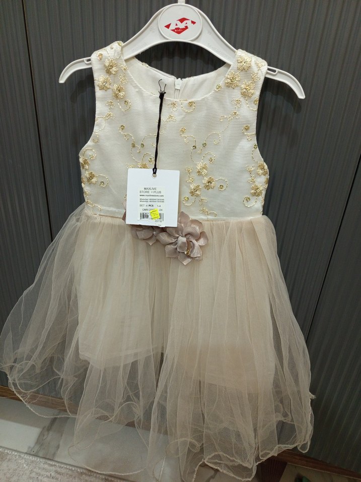 Kız Çocuk Nakışlı Bej Fırfırlı Elbise - Görsel 2