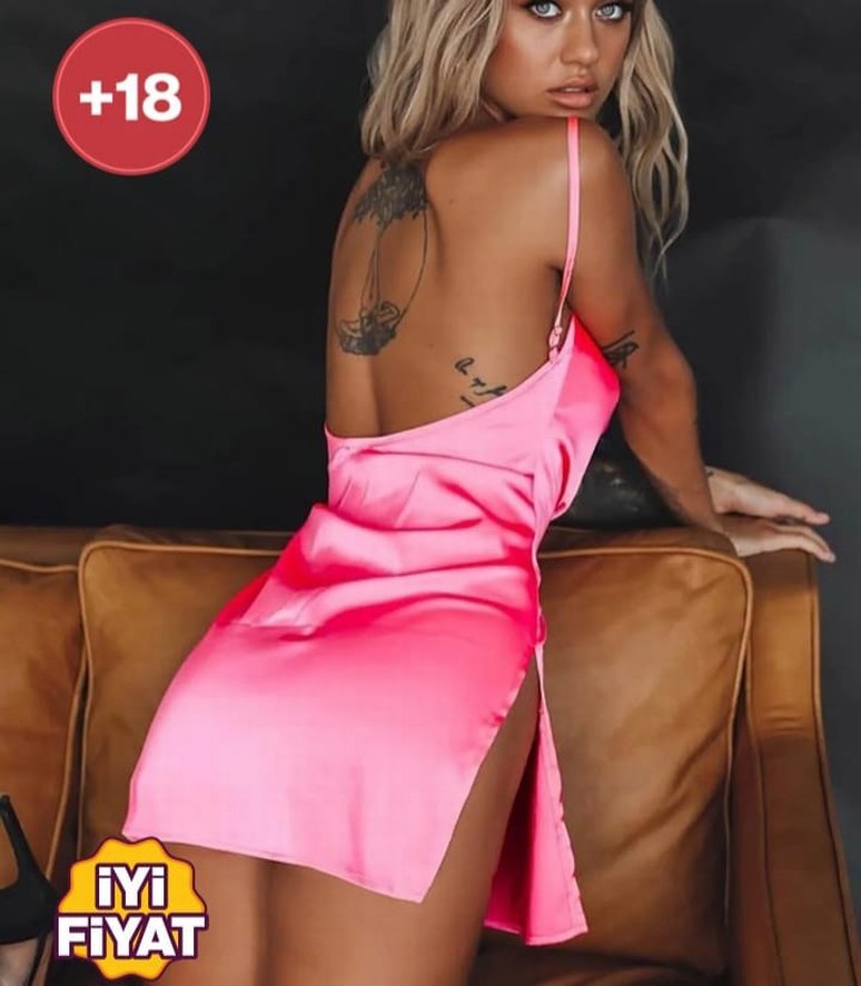 Pembe Saten Mini Elbise Drapeli - Görsel 2