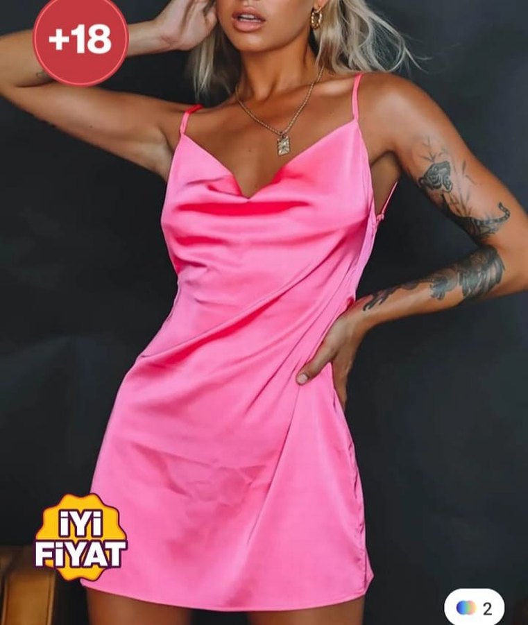 Pembe Saten Mini Elbise Drapeli - Görsel 4