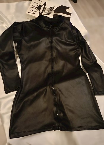 Kadın Siyah Deri mini elbise - Görsel 3