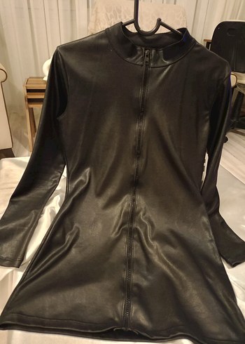 Kadın Siyah Deri mini elbise - Görsel 5