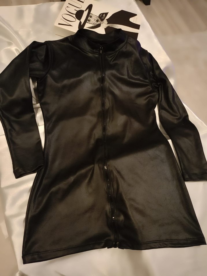 Kadın Siyah Deri mini elbise - Görsel 3