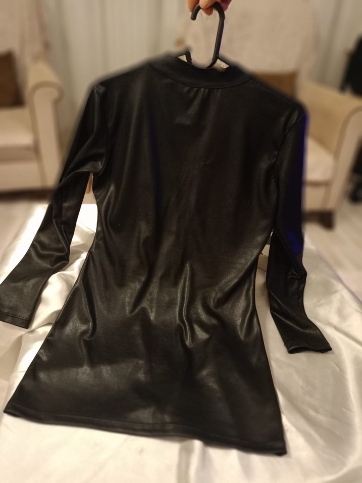 Kadın Siyah Deri mini elbise - Görsel 2