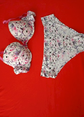 Bohem Çiçek Desenli Pembe Gri Sütyen Takımı dikişsiz - Görsel 3