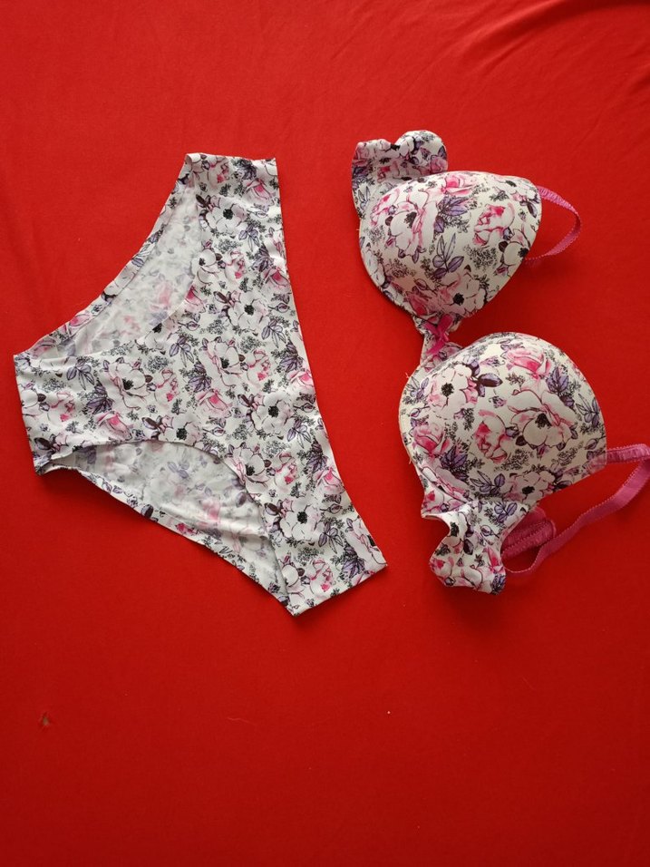 Bohem Çiçek Desenli Pembe Gri Sütyen Takımı dikişsiz - Görsel 2