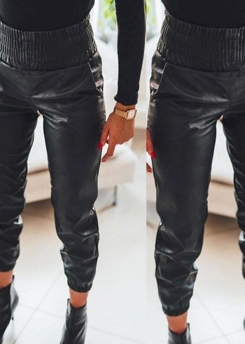 Kemerli Siyah Deri Kadın Pantolon - Görsel 2