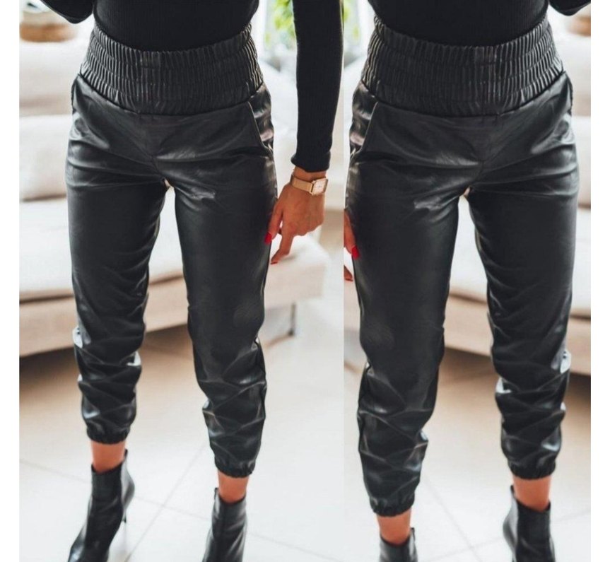 Kemerli Siyah Deri Kadın Pantolon - Görsel 2