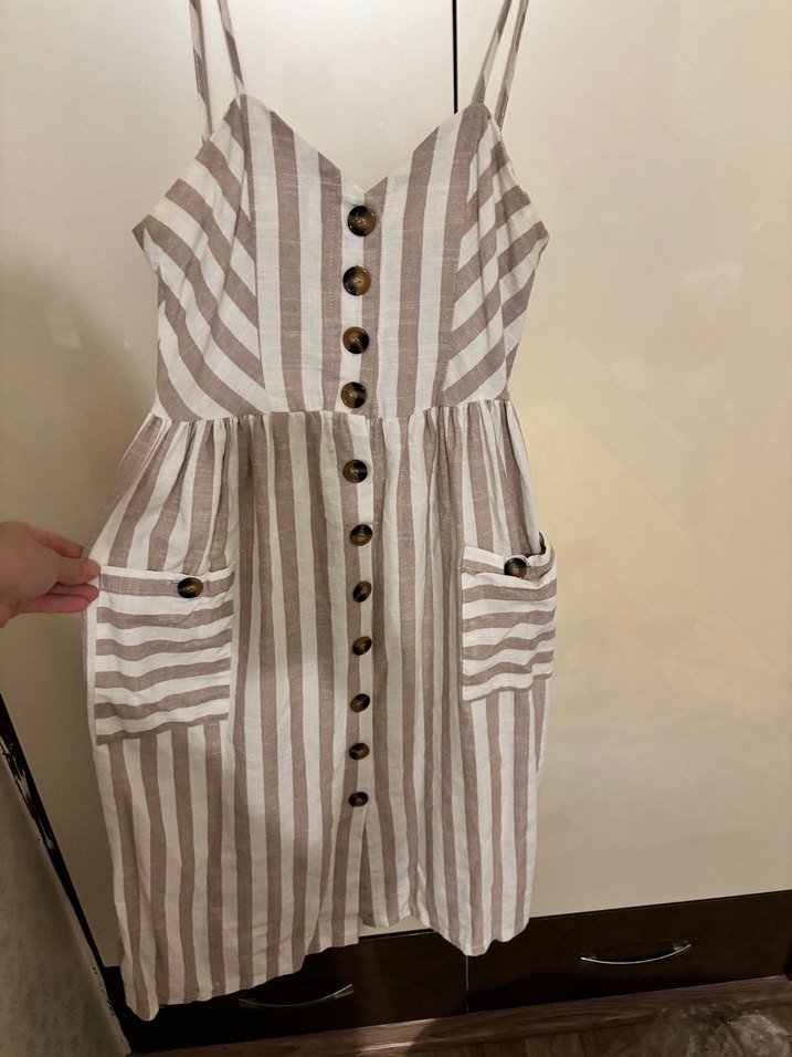 Bej Çizgili Askılı Midi keten Elbise - Görsel 2