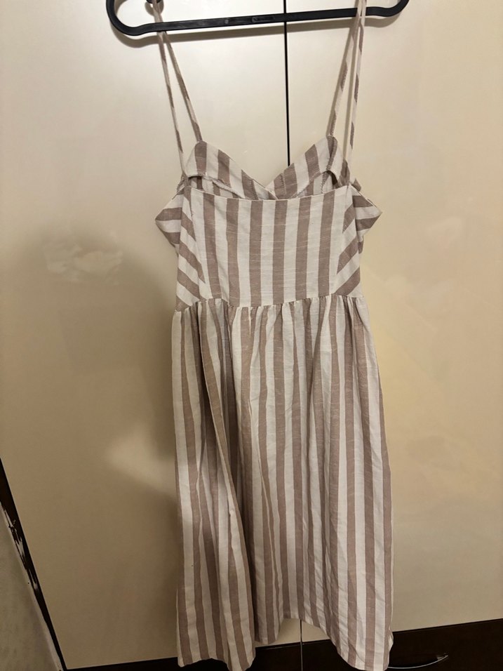 Bej Çizgili Askılı Midi keten Elbise - Görsel 3