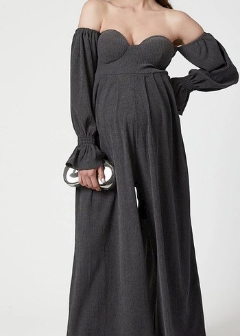 Gri Straplez Uzun Kollu Hamile Tulum - Görsel 2