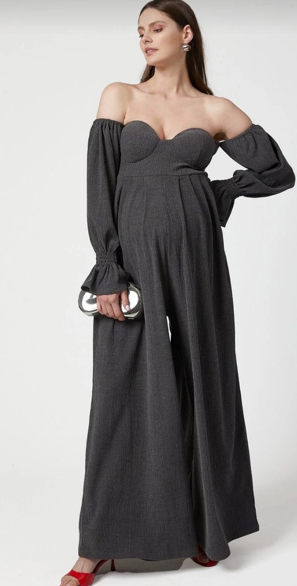 Gri Straplez Uzun Kollu Hamile Tulum - Görsel 2