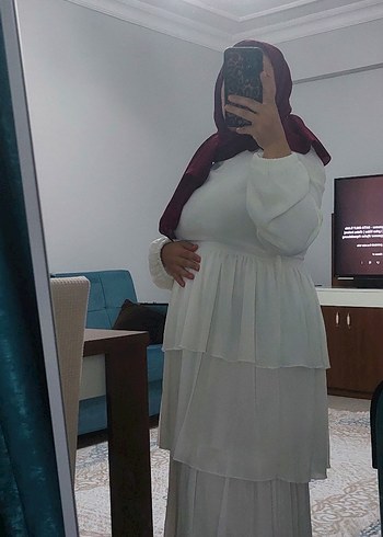 Beyaz Uzun Kat Katlı Bohem Elbise - Görsel 2