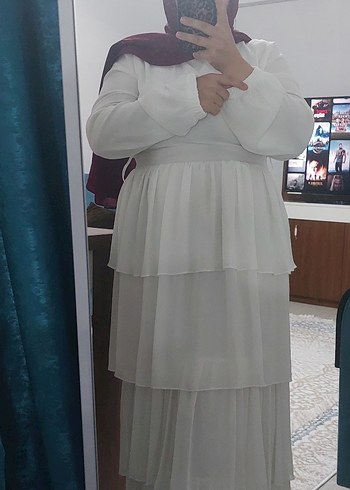 Beyaz Uzun Kat Katlı Bohem Elbise - Görsel 4