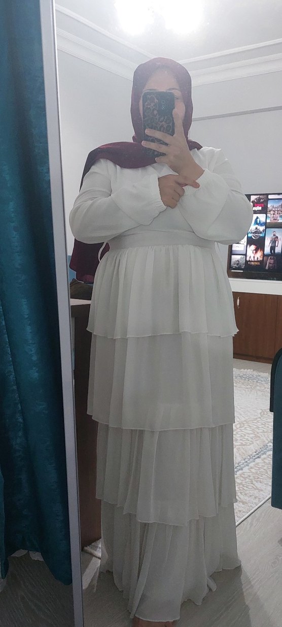 Beyaz Uzun Kat Katlı Bohem Elbise - Görsel 4