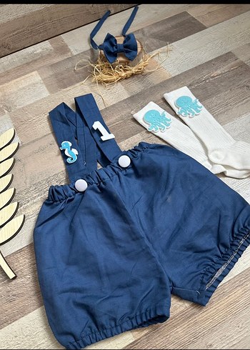 Erkek Çocuk Mavi Keten Askılı Tulum - Görsel 3