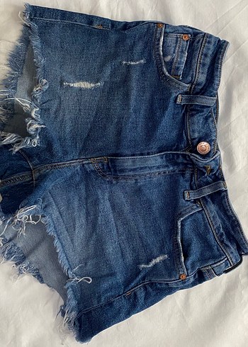 Düğmeli Koyu Mavi Mini Denim Şort
