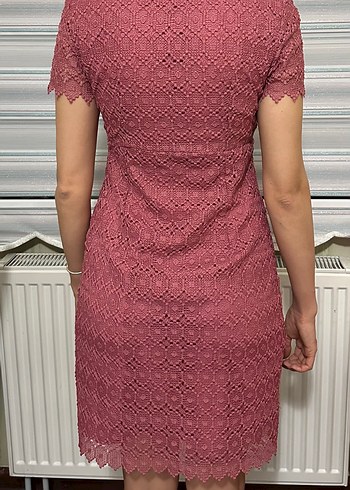 Gül kurusu V Yaka Dantelli Midi Elbise - Görsel 4