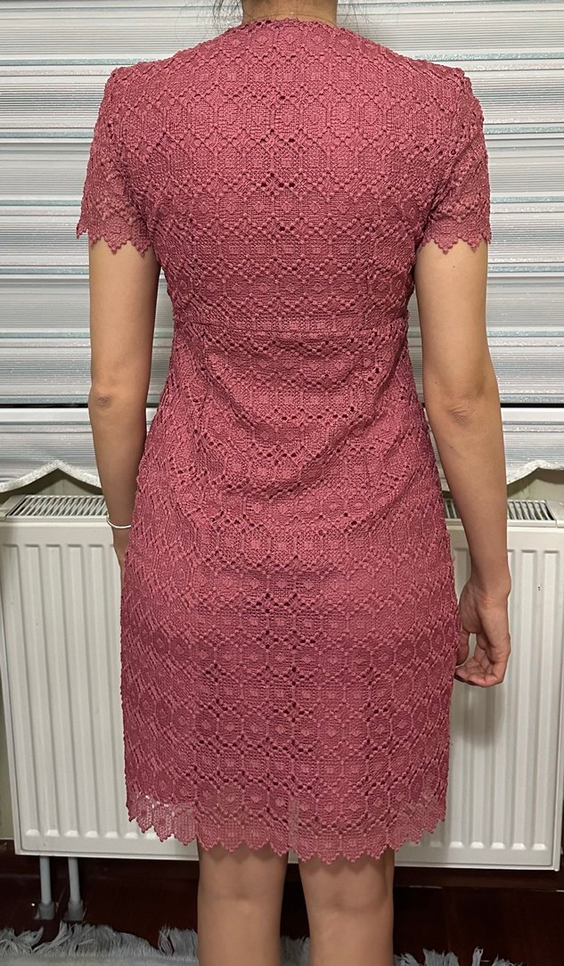 Gül kurusu V Yaka Dantelli Midi Elbise - Görsel 4