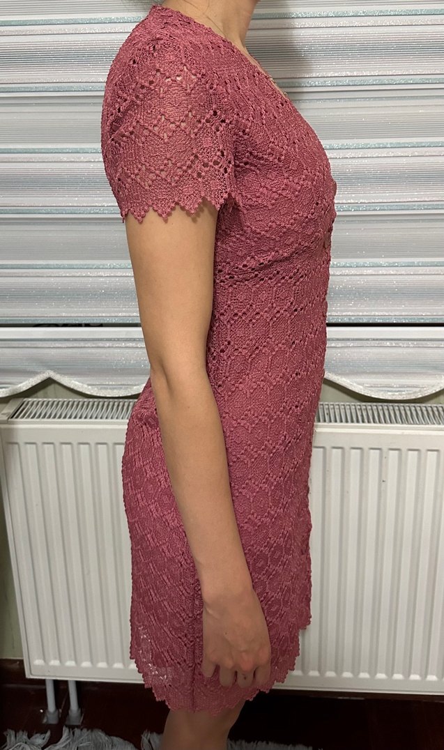 Gül kurusu V Yaka Dantelli Midi Elbise - Görsel 3