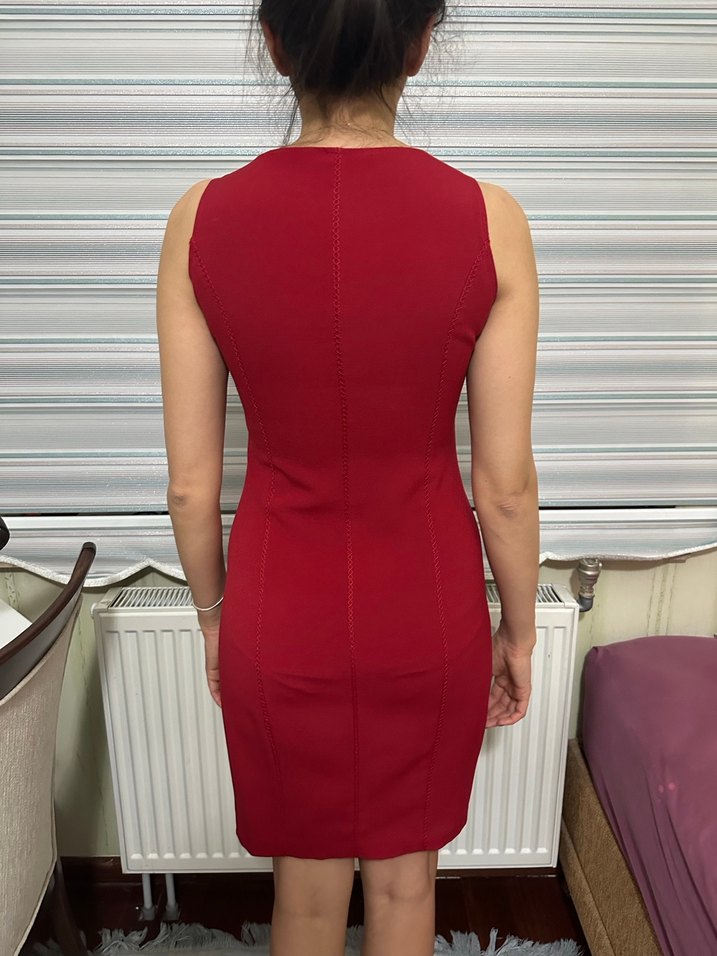 Kırmızı Yüksek Yakalı Midi Kadın Abiye Elbise - Görsel 2