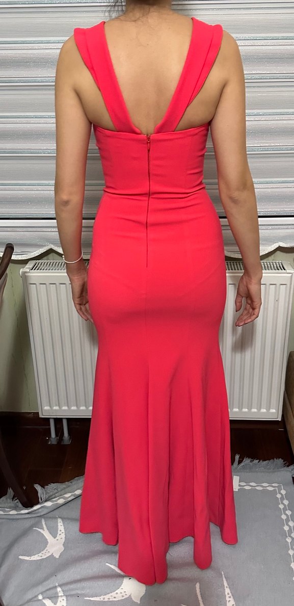 Kadın Pembe Uzun Drapeli V Yaka Abiye Elbise - Görsel 3