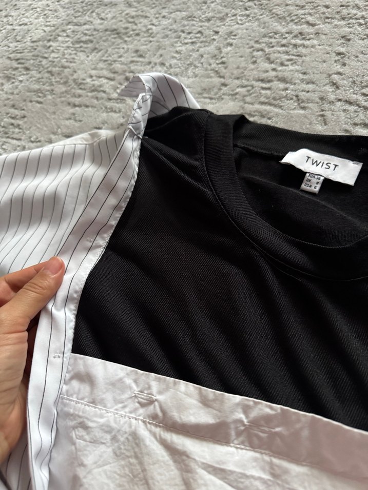 Düğmeli, asimetrik Beyaz pamuk Kadın Gömlek - Görsel 4