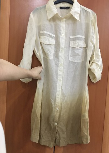 m Beden Bej Midi Uzun Kollu İpek Kadın Gömlek