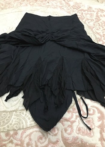 Drapeli Siyah Midi Keten Etek - Görsel 4