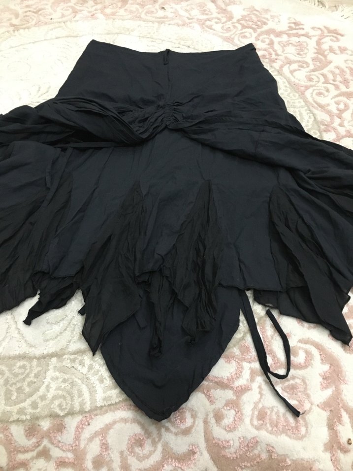 Drapeli Siyah Midi Keten Etek - Görsel 4