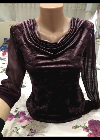 Bordo Kadife Drapeli V Yaka Bluz - Görsel 2