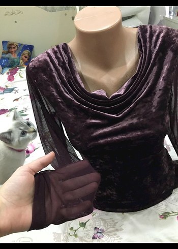 Bordo Kadife Drapeli V Yaka Bluz - Görsel 3