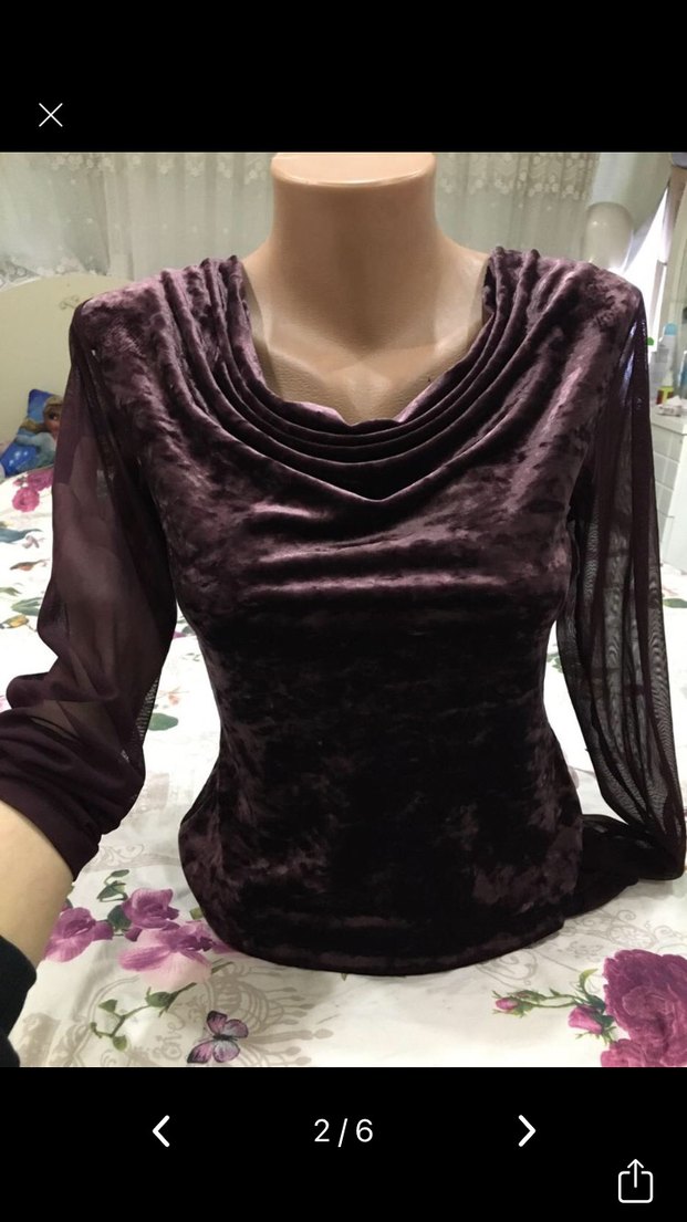 Bordo Kadife Drapeli V Yaka Bluz - Görsel 2