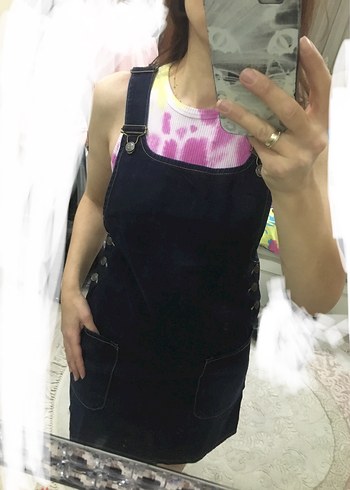 Kadın Koyu Denim Midi Askılı slopet Elbise - Görsel 3