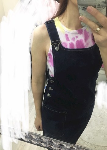 Kadın Koyu Denim Midi Askılı slopet Elbise - Görsel 4