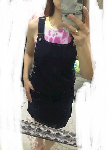 Kadın Koyu Denim Midi Askılı slopet Elbise - Görsel 2