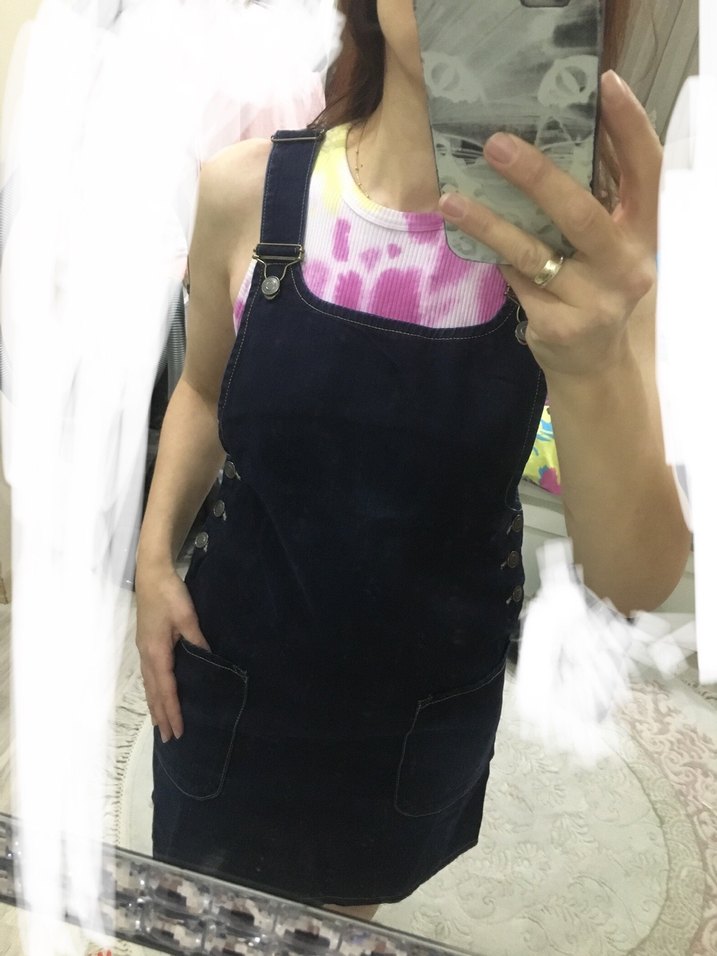 Kadın Koyu Denim Midi Askılı slopet Elbise - Görsel 3